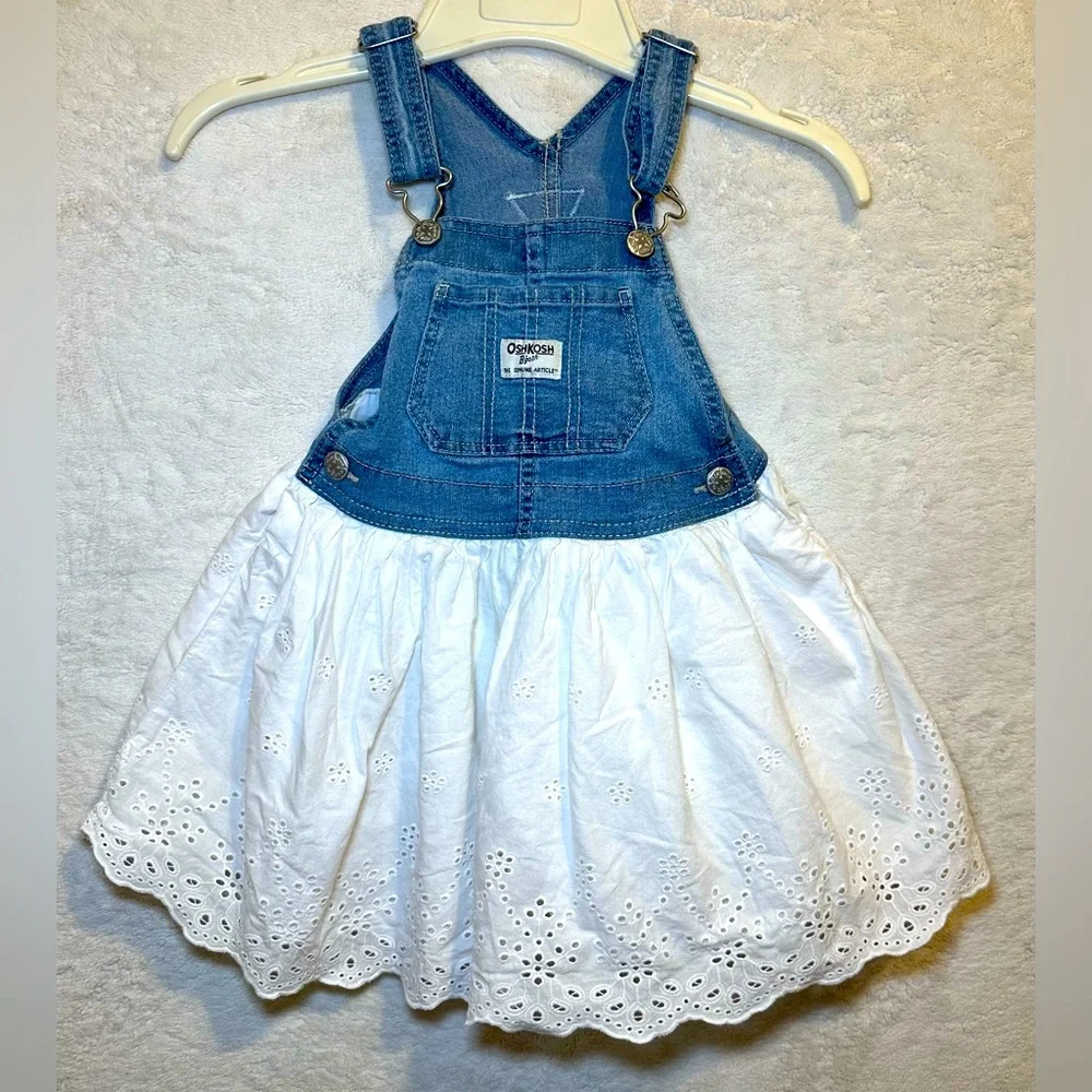 OshKosh B’Gosh girl blue Jean denim overalls top white eyelet full skirt cute 4T